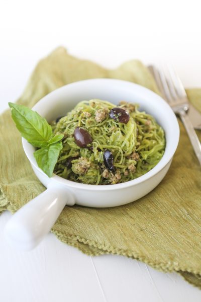 Pesto Pasta with Beef and Olives