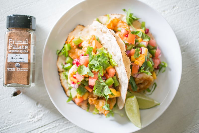 Jerk Shrimp Tacos with Mango Pomegranate Salsa by Primal Palate - FoodSocial