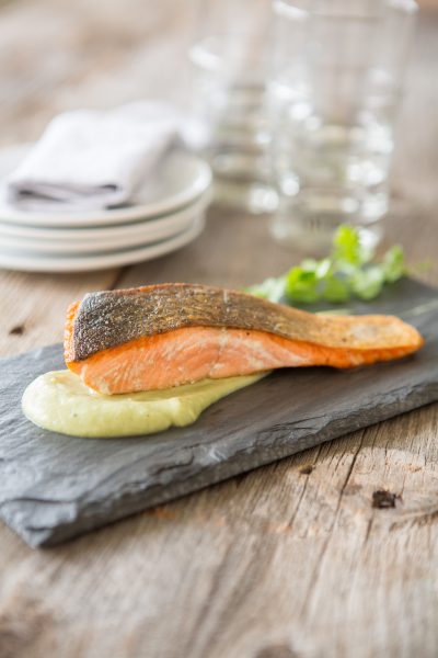 Pan-Seared Salmon with Avocado “Cream” Sauce