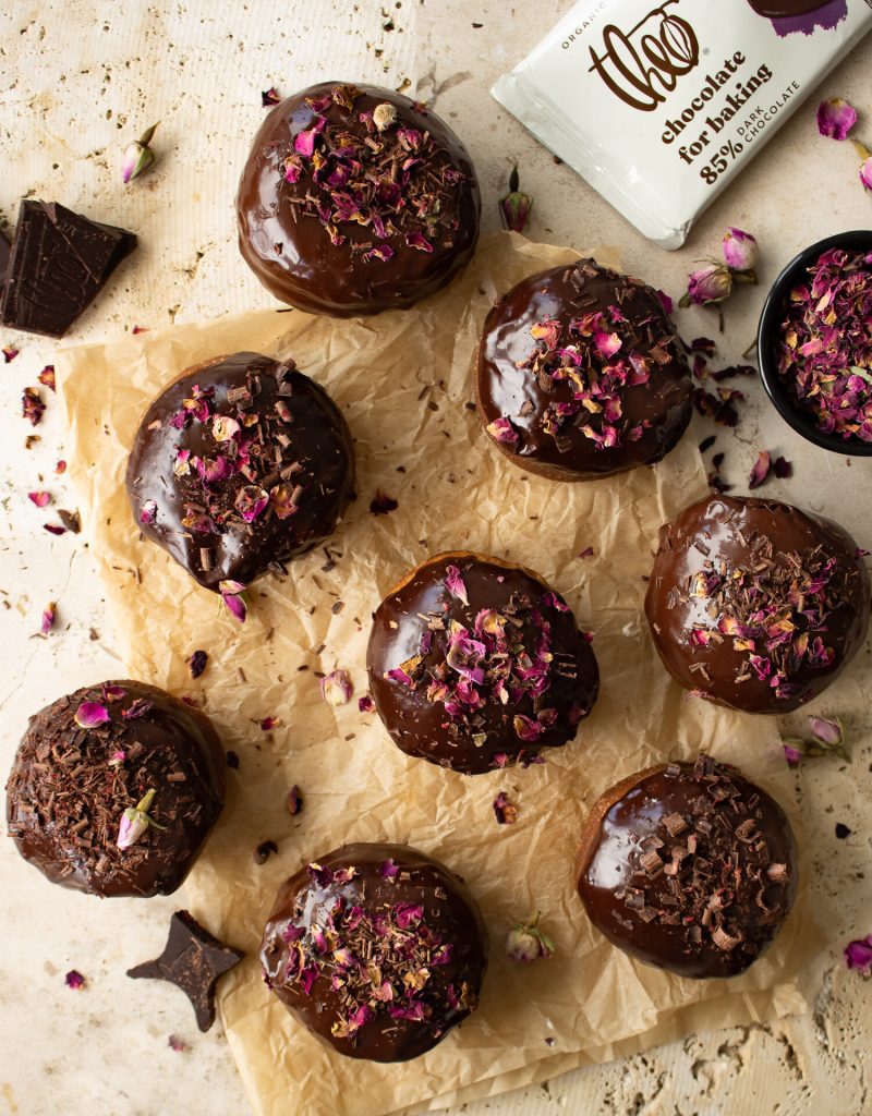 Cardamom and Rose Brioche Doughnuts with Dark Chocolate Glaze by Inspired with a Twist - FoodSocial