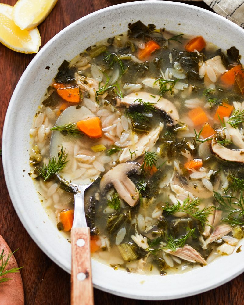 Lemon Chicken Orzo Soup with Mushrooms and Kale by Primal Gourmet - FoodSocial