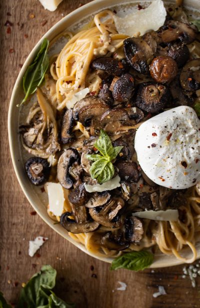 Mascarpone pasta with roasted mushrooms and burrata