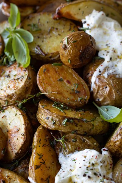 Roasted herby potatoes with Burrata