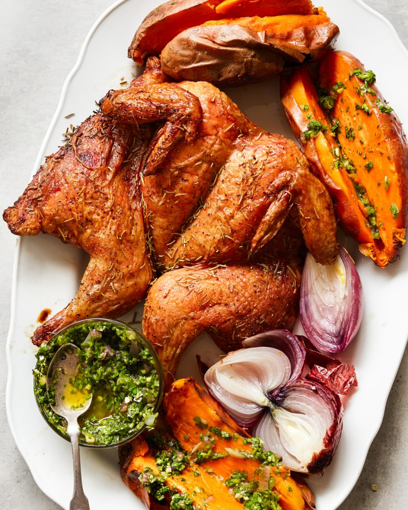 Traeger Roast Chicken with Roasted Onion Salsa Verde by Primal Gourmet - FoodSocial