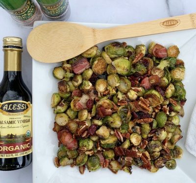 Balsamic Roasted Brussels Sprouts with Bacon, Toasted Pecans, and Dried Cranberries