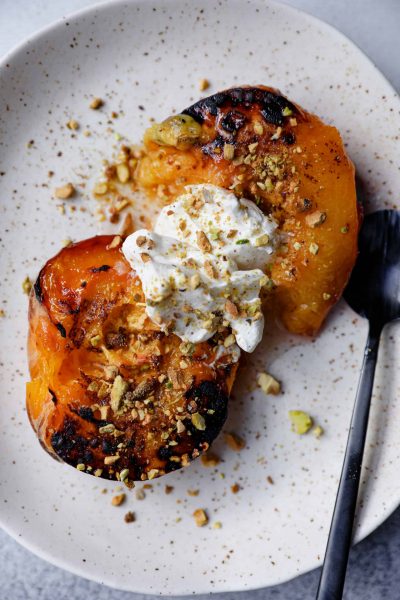 Easiest Caramelized Peaches with Crumbled Pistachios