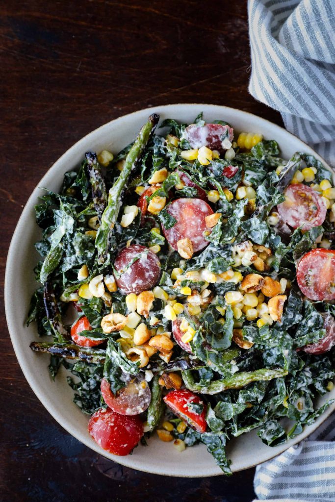 Summer Kale Caesar Salad with Corn and Tomato by Kate Strangfeld - FoodSocial