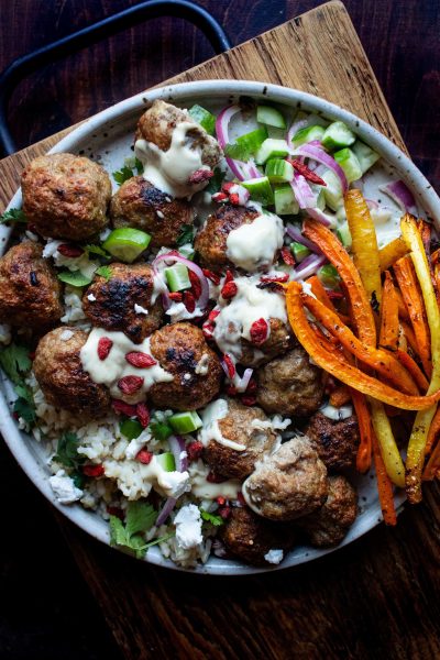 Lamb Meatballs with Pickled Cucumber and Red Onions and Tahini Sauce