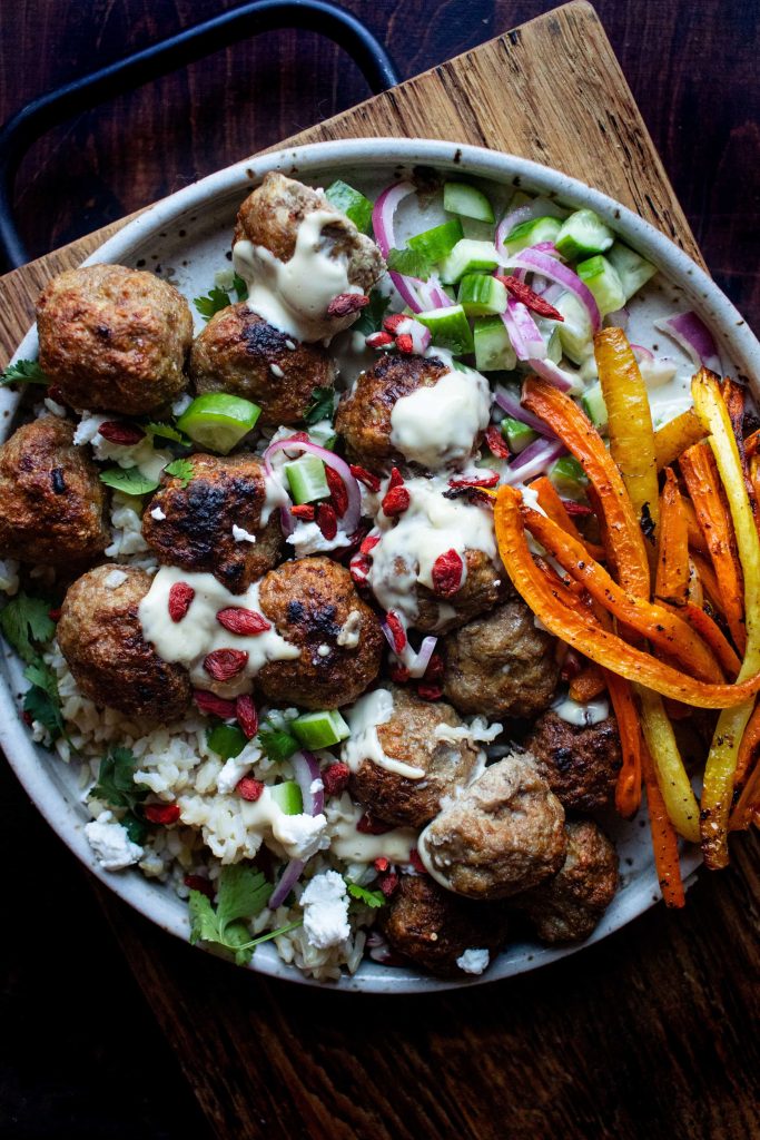 Lamb Meatballs with Pickled Cucumber and Red Onions and Tahini Sauce by Kate Strangfeld - FoodSocial