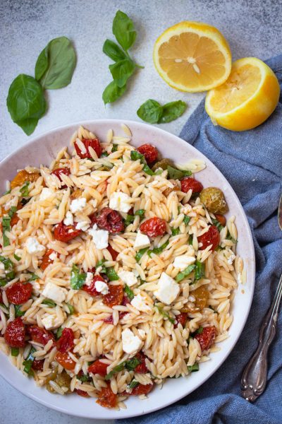 Roasted Tomato, Feta and Basil Orzo Salad