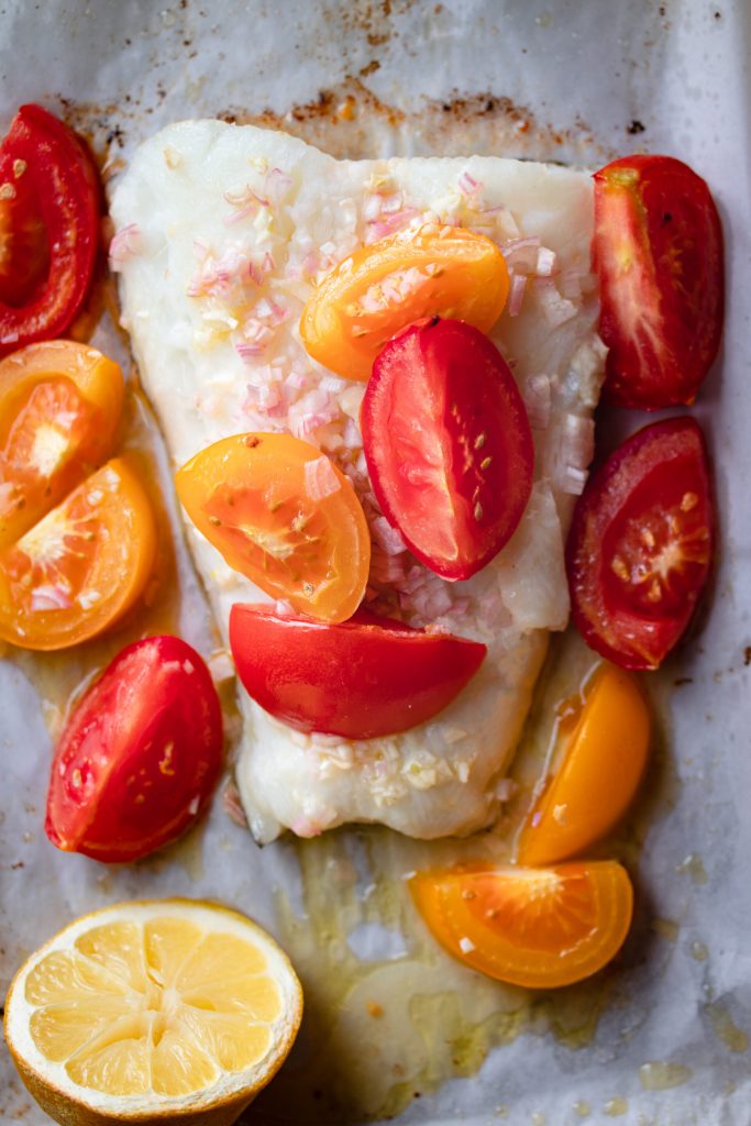 Simplest Roasted White Fish and Heirloom Tomatoes by Kate Strangfeld - FoodSocial