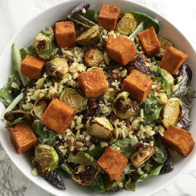 Crispy Spicy Tofu and Roasted Brussels Sprouts Salad by All Roads Lead to Healthy - FoodSocial
