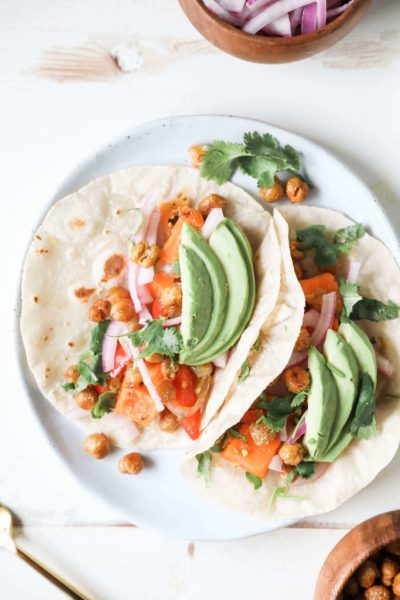 Vegan Tomatillo Sweet Potato and Chickpea Tacos