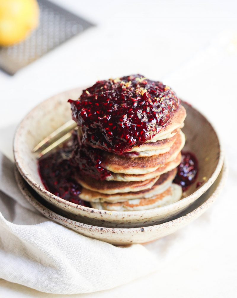 Grain Free Chia Seed Pancakes with 2 Ingredient Raspberry Sauce by Laura Lea - FoodSocial