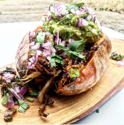 Baked Sweet Potatoes with Slow Cooker Carnitas and Lazy Guacamole