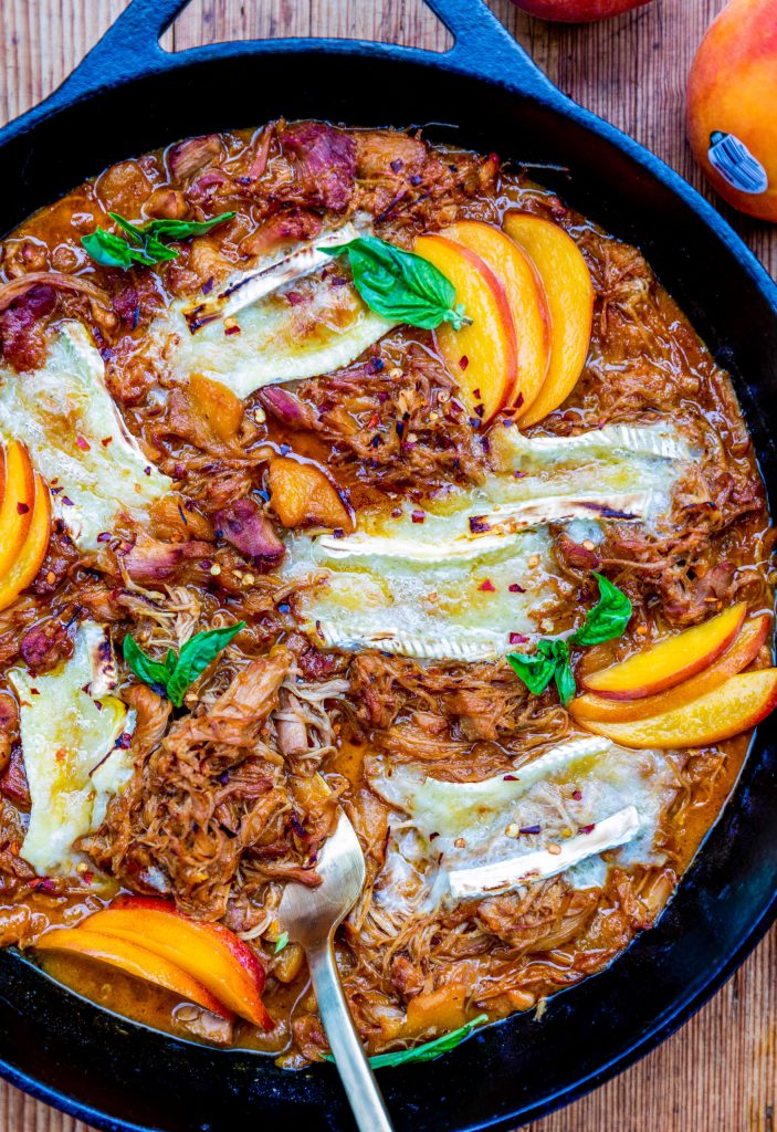 Instant Pot Pulled Peach and Honey Mustard Chicken Thighs with Broiled Brie by Laura Lea - FoodSocia