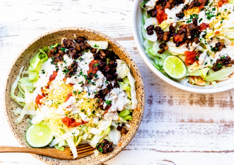 Portobello Mushroom & Black Bean Taco Salads with Green Chili Crema by Laura Lea - FoodSocial