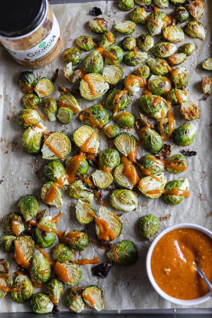 Roasted Brussels Sprouts with Hazelnut Butter Sauce by Georgia Grinders - FoodSocial