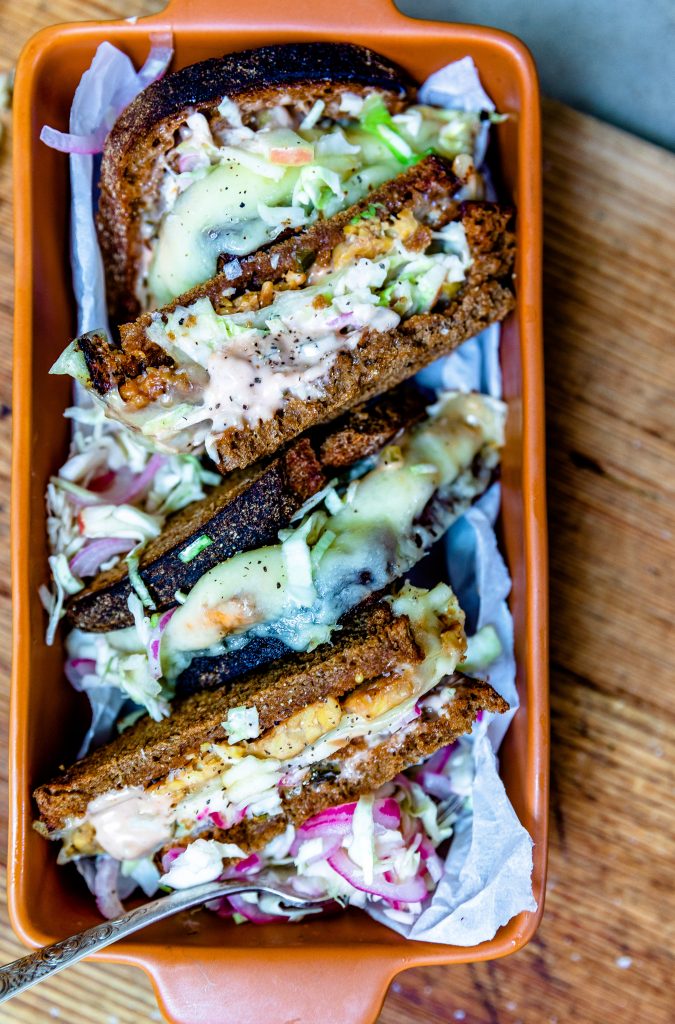 Tempeh Reuben Sandwiches with Green Apple Sauerkraut by Laura Lea - FoodSocial