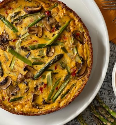 Hashbrown Crusted Asparagus & Mushroom Quiche