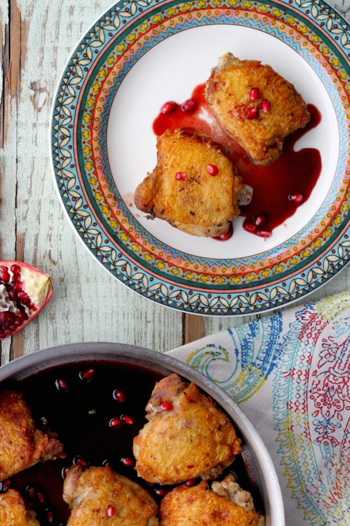 Crispy Chicken Thighs with Pomegranate Sauce by Jennifer Robins - FoodSocial