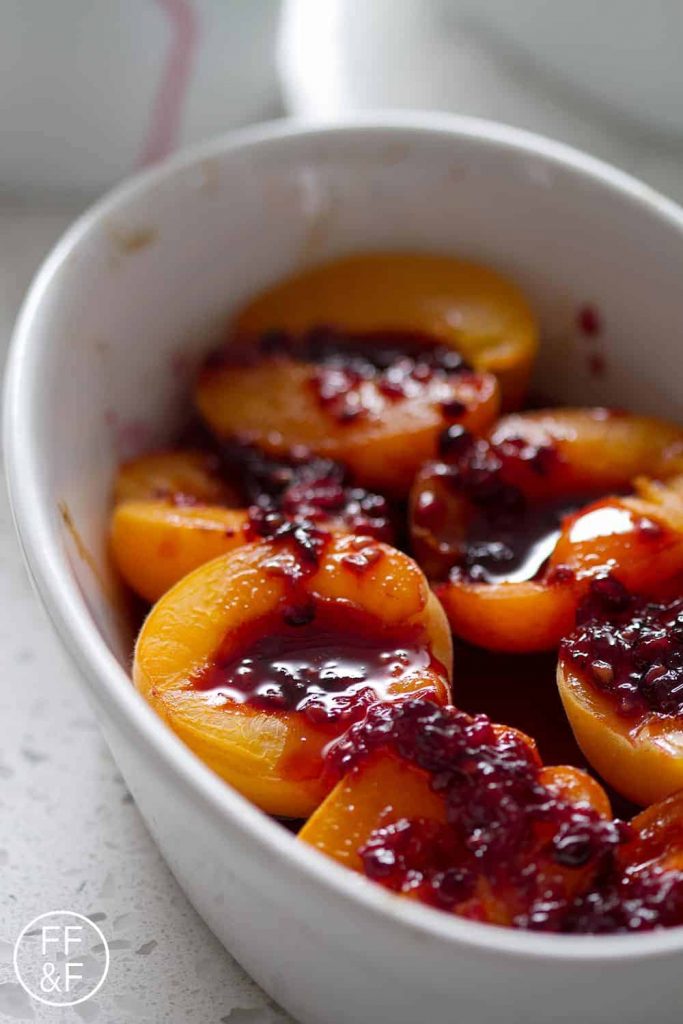 Roasted Apricots with Blackberry Sage Syrup by Beth Chen - FoodSocial