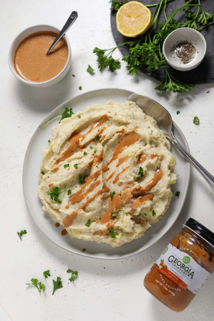 Cauliflower Mashed Potatoes & Almond Butter Gravy by Georgia Grinders - FoodSocial