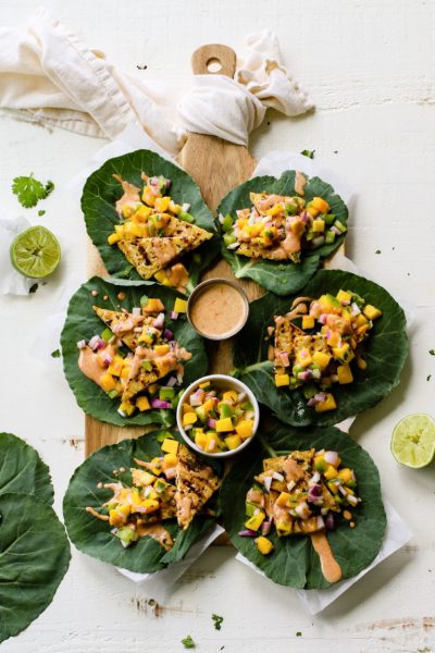 Grilled Tempeh Collard Wraps With Mango Salsa and Spicy Almond Butter Sauce