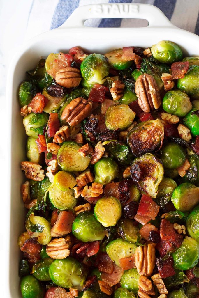 Maple Bacon Brussels Sprouts with Pecans and Cranberries by Kit Hondrum - FoodSocial