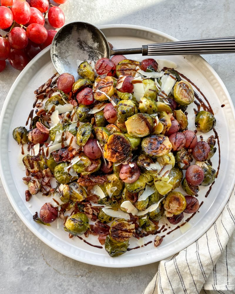 Roasted Brussels Sprouts with California Grapes and Bacon by Primal Gourmet - FoodSocial