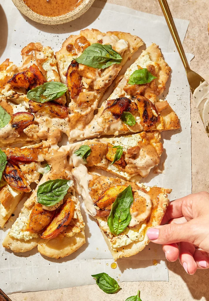 Grilled Peach & Whipped Goat Cheese Flatbread by Georgia Grinders - FoodSocial