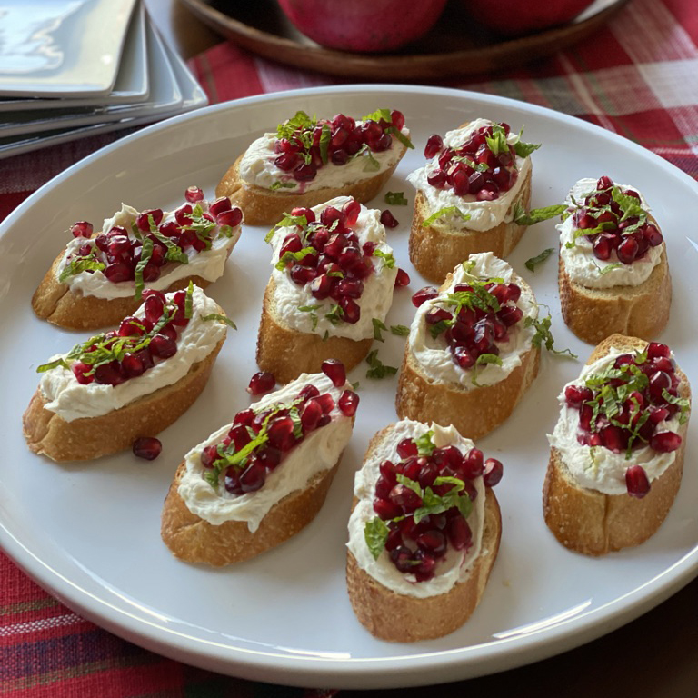 Pom, Mint & Goat Cheese Crostini by Reed Dunn - FoodSocial