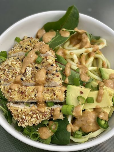 Zucchini Chicken Bowl with Peanut Vinaigrette