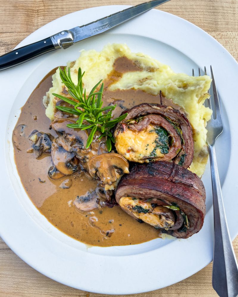 Gouda, Spinach and Mushroom Stuffed Flank Steak with Mushroom Cream
