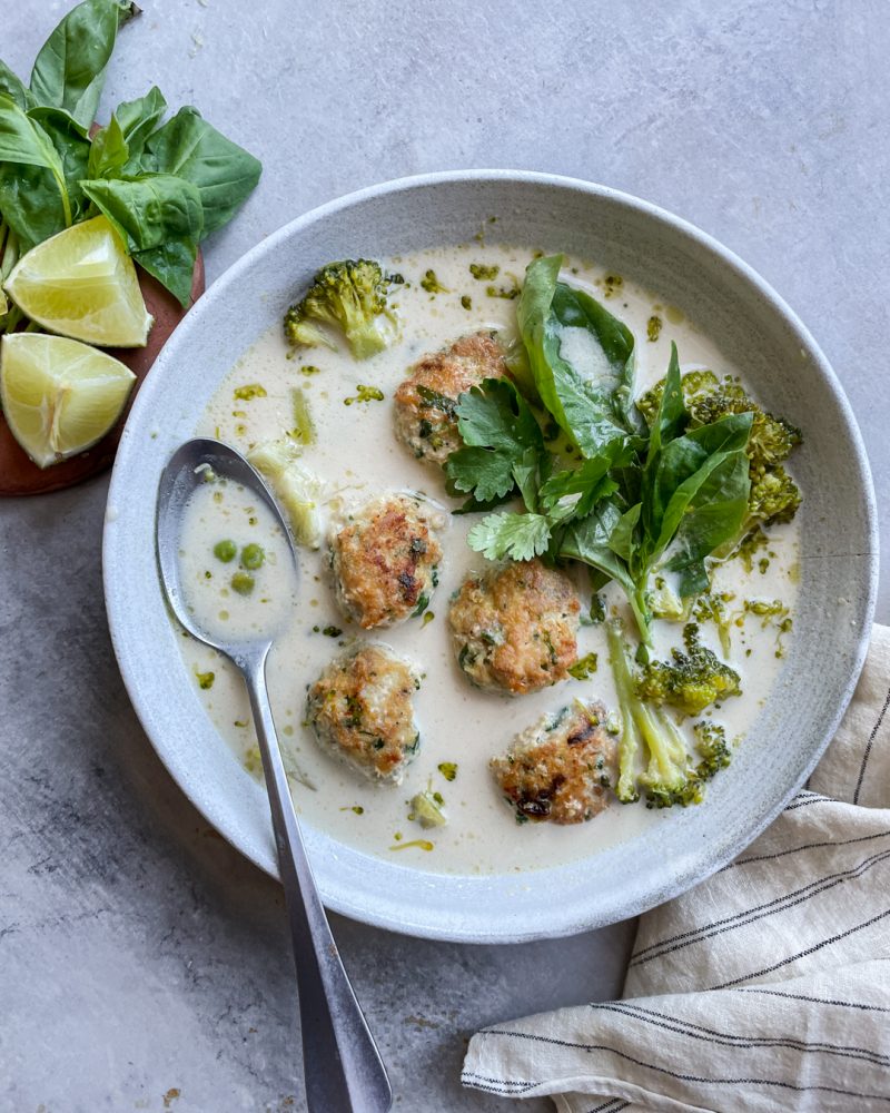 Green Coconut Curry Soup with Ginger Scallion Chicken Meatballs by Primal Gourmet - FoodSocial