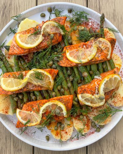 Grilled Lemon Dill Cedar Plank Salmon with Potatoes and Asparagus