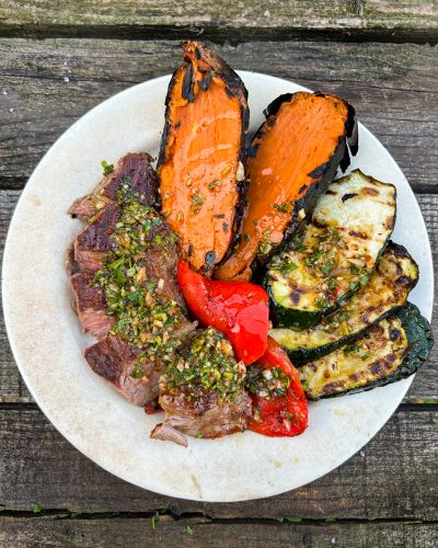 Grilled Picanha with Charred Sweet Potatoes and Chimichurri