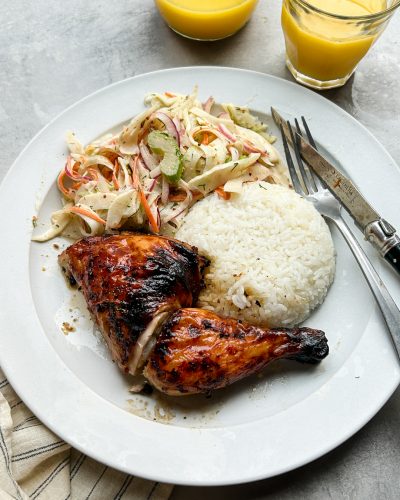 OJ Marinated Rosemary Roast Chicken with Crunchy Fennel Slaw