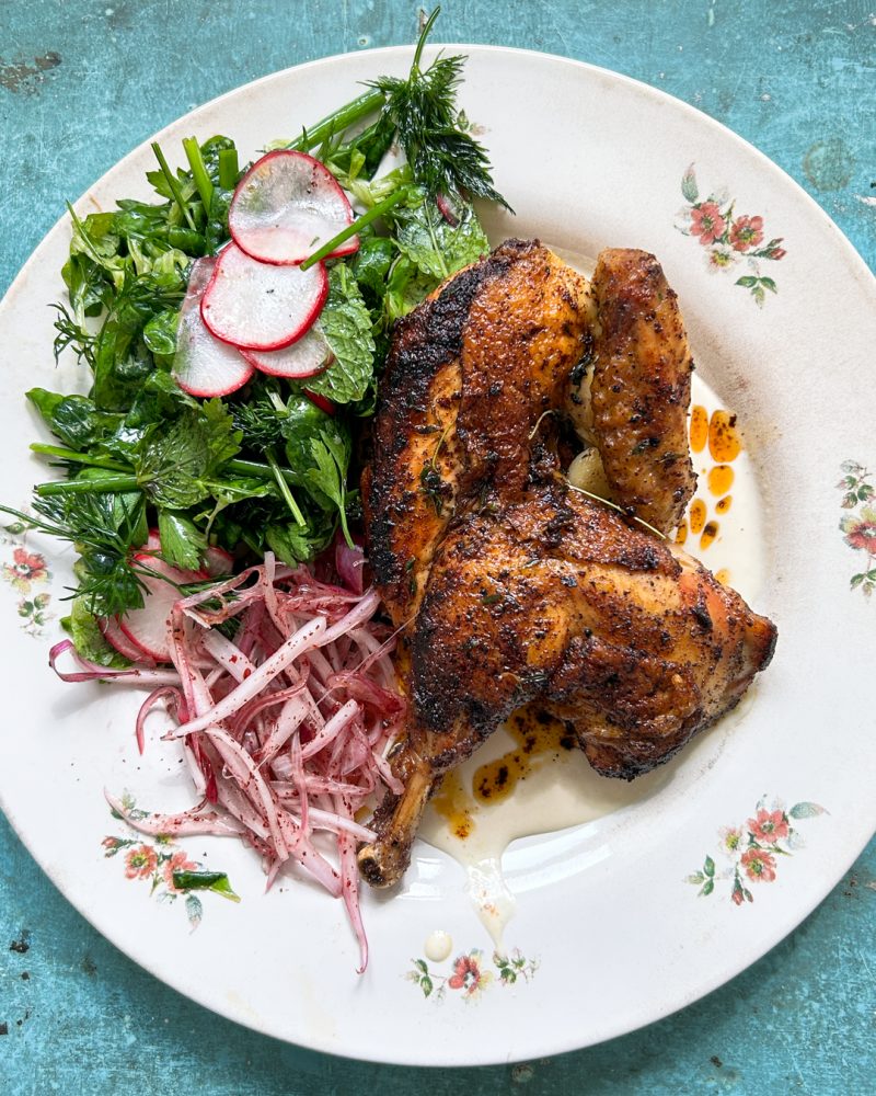 Pan-Roasted Chicken Halves, Herb Salad, Tahini & Sumac Onions by Primal Gourmet - FoodSocial