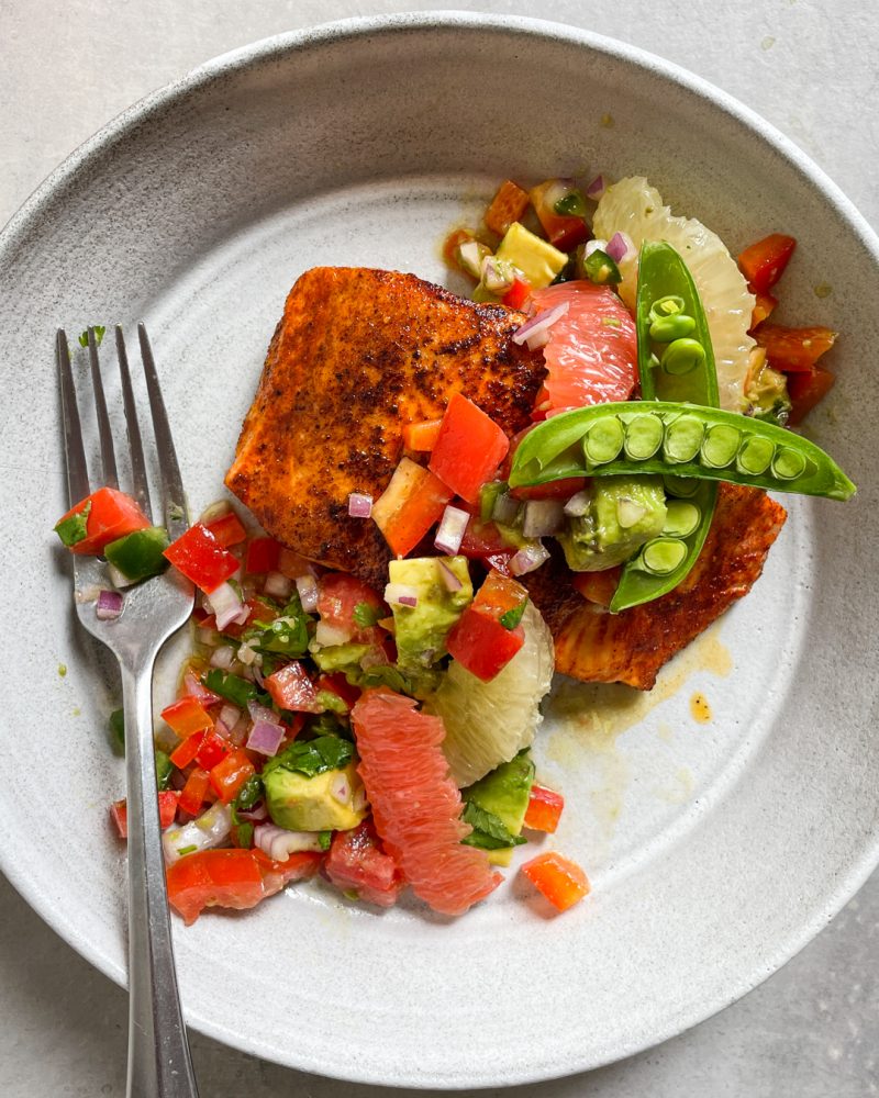 Pan-Seared Salmon with Florida Grapefruit and Avocado Salsa by Primal Gourmet - FoodSocial