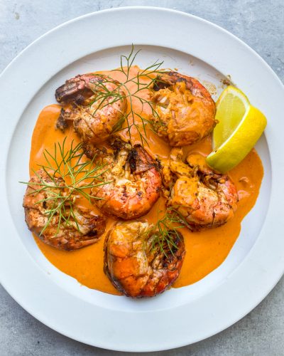 Piri Piri Grilled Shrimp with Roast Potatoes and Garlicky Swiss Chard