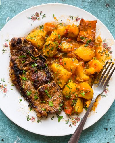 Tocăniță de Cartofi (Romanian Potato Stew) with Ceafă de Porc la Grătar (Grilled Pork Neck Chops)