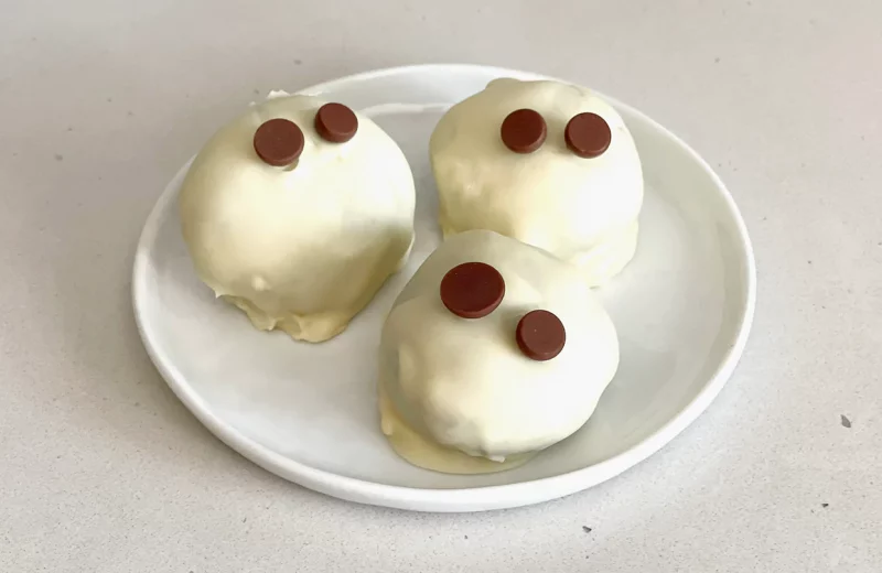 Simple Vegan Ghost Pumpkin Protein Balls by Pascha Chocolate Co - FoodSocial