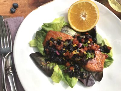 Brown Sugar Caramelized Salmon with Spicy Roasted Blueberry Salsa (Gluten-Free, Dairy-Free, Egg-Free, Nut-Free)