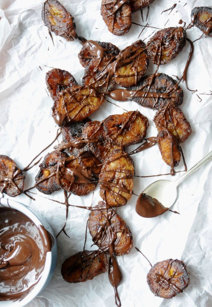 Fried Plantains with Chocolate Drizzle + Dip (Vegan, Gluten-Free, Nut-Free) by foodallergymoms_andmo