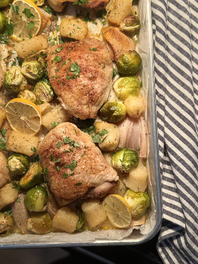 Lemon Chicken Gnocchi with Brussels (sheet pan) by Penny's Primal - FoodSocial