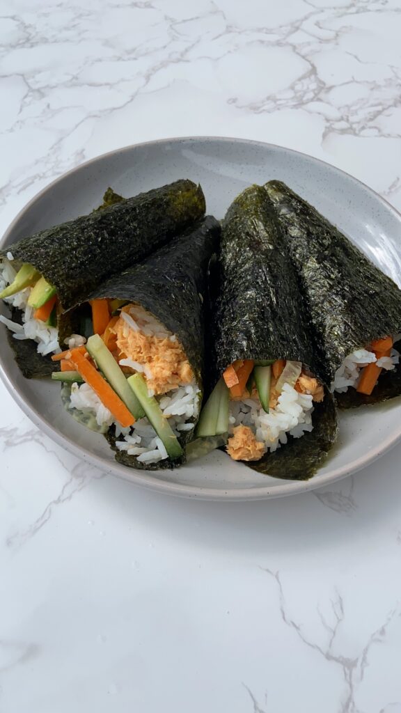 Spicy Salmon Sushi Hand Rolls by Chenoa Hill - FoodSocial