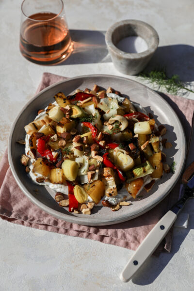 Grilled Leek and Beet Salad with Dill Yogurt Sauce