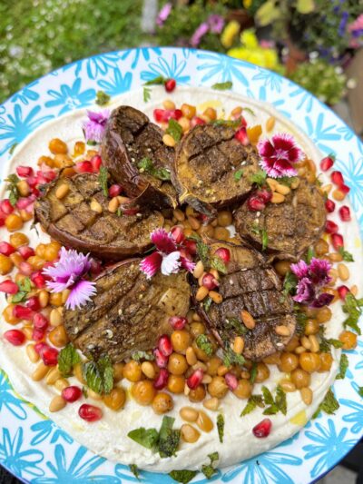 Lebanese roasted baby aubergine & chickpeas with whipped tahini yogurt