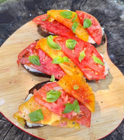 smashed queen butterbean spread with heirloom tomatoes